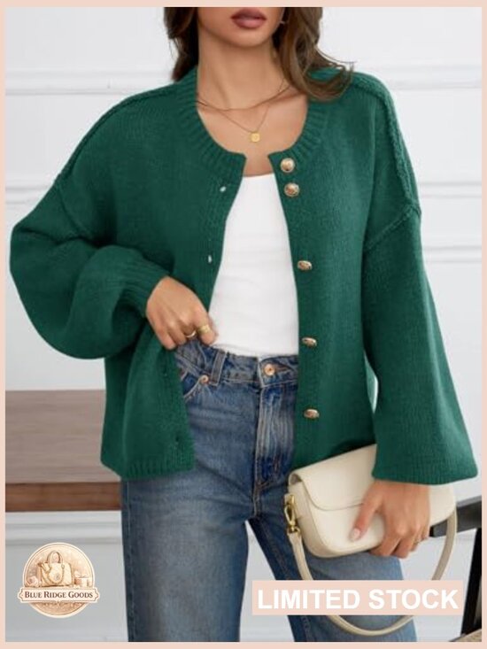 Oversized Chunky Knit Cardigan Lantern Sleeve Button Up Soft Cozy Fall Sweater - Picture 2 of 7